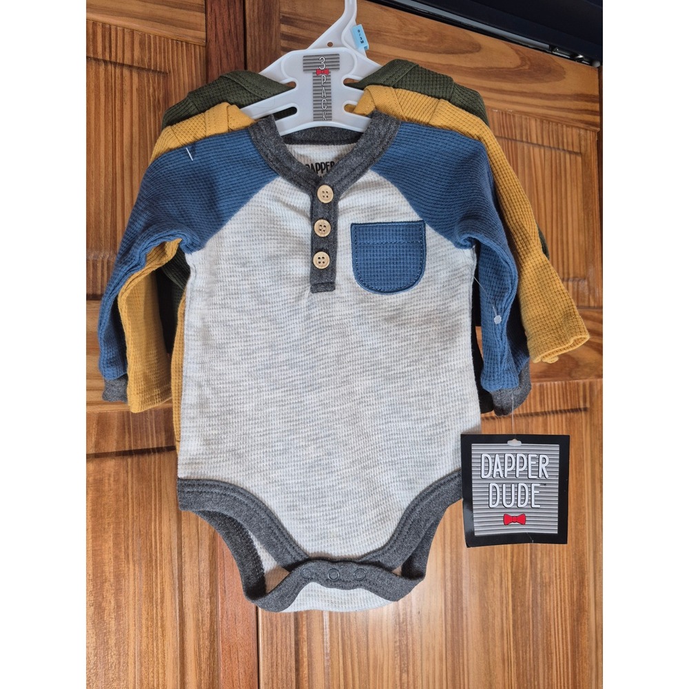 Dapper Dude Baby Boys 3 Pack Waffle Knit Thermal Bodysuits 0-3M NEW